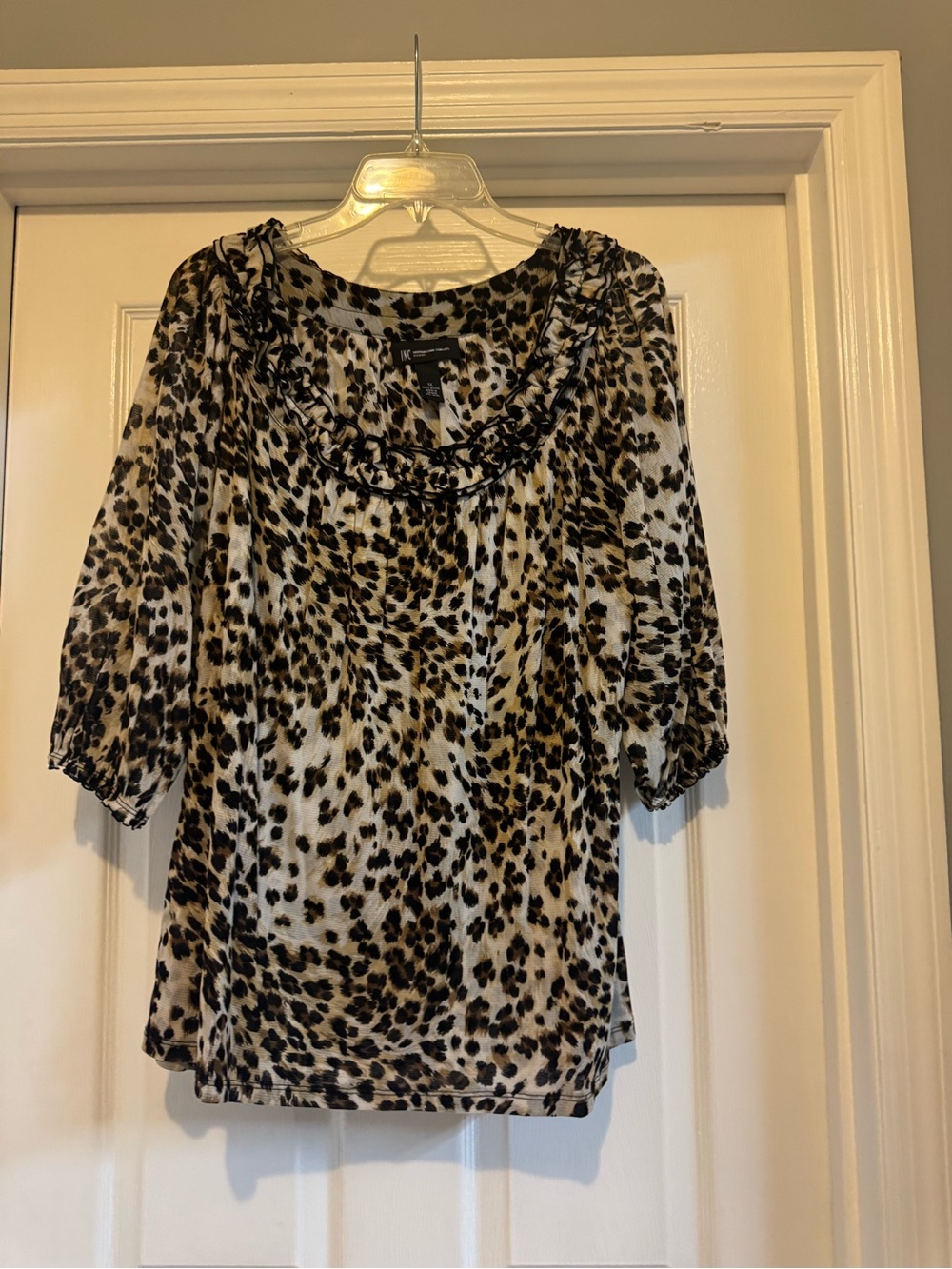 Leopard Print Ruffle-Neck Blouse - Cream & Brown